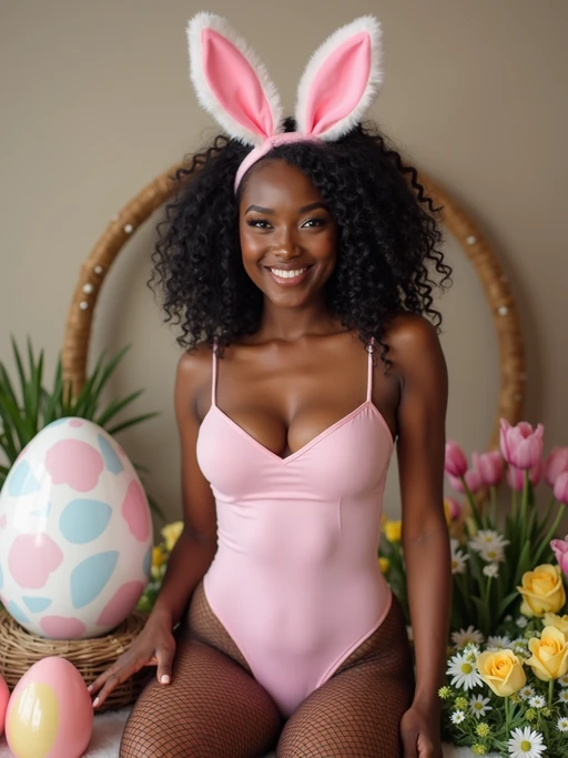 A model wearing a tight pastel-colored bodysuit, bunny ears, and fishnet stockings. She is posed next to a large Easter egg display and a bed of spring flowers. The setting suggests a playful and flirty Easter-themed photoshoot.