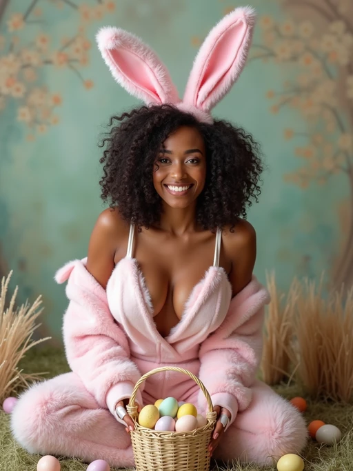 A model dressed in a revealing bunny costume, posing with a basket of Easter eggs and surrounded by pastel-colored Easter decorations. The background features Easter grass, decorated eggs, and a bright, cheerful ambiance.