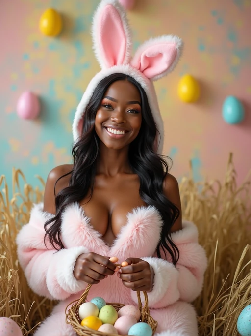 A model dressed in a revealing bunny costume, posing with a basket of Easter eggs and surrounded by pastel-colored Easter decorations. The background features Easter grass, decorated eggs, and a bright, cheerful ambiance.
