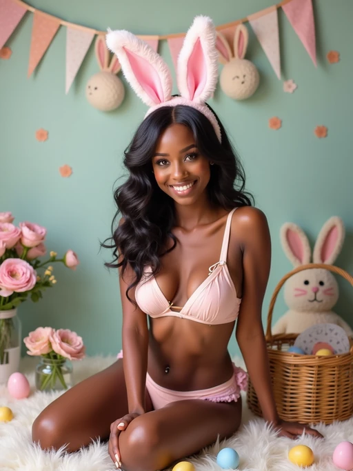 Model wearing a sexy bunny outfit, complete with bunny ears, a fluffy tail, and a pastel-colored lingerie set. She's posed in a playful Easter setting with painted eggs, spring flowers, and a basket of Easter treats. The backdrop features soft, pastel decorations with bunny-themed accents.