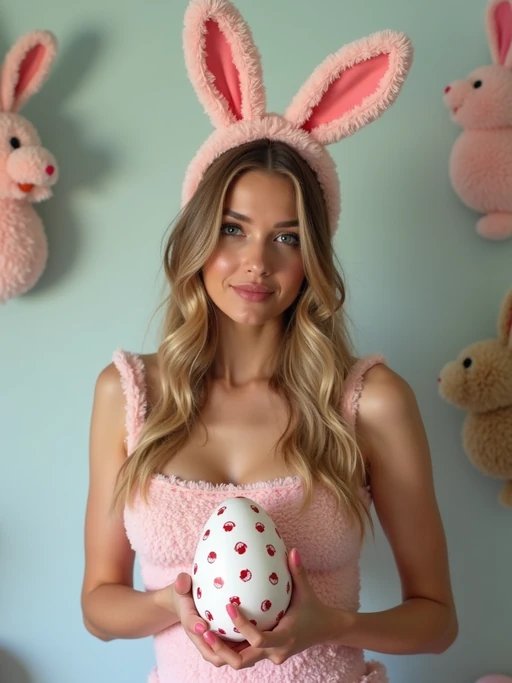 A model dressed in a cute and seductive bunny outfit, holding an oversized Easter egg and posing with playful Easter decorations.