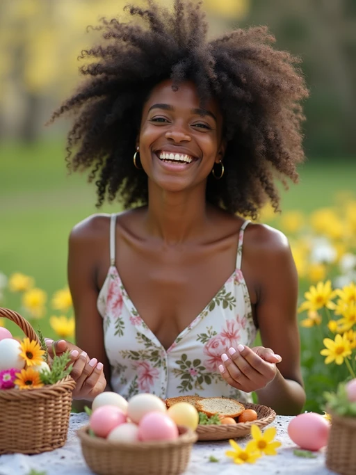 A model having a fun Easter picnic, with decorated eggs, baskets, and spring flowers in the background.