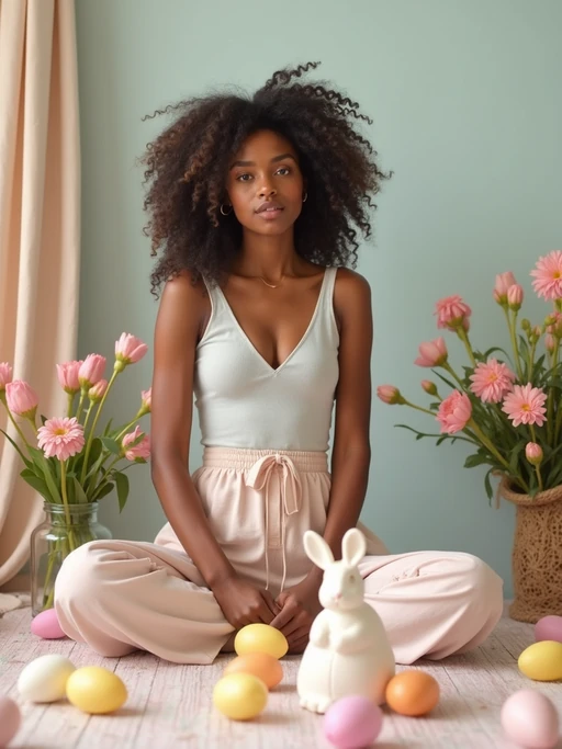 A model dressed in a casual spring outfit, surrounded by pastel Easter decorations like eggs, flowers, and bunnies.