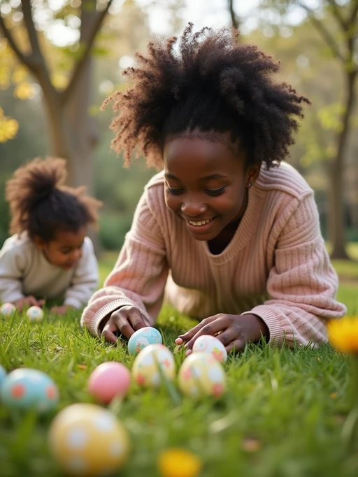 A model having an Easter egg hunt, with children searching for hidden eggs in a beautiful garden setting.