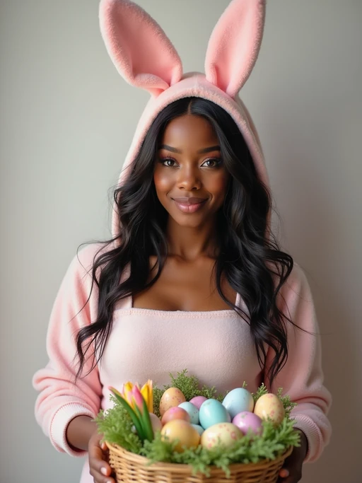 Model dressed in a cute bunny costume with pastel-colored ears, posing next to a basket of decorated Easter eggs and spring flowers.