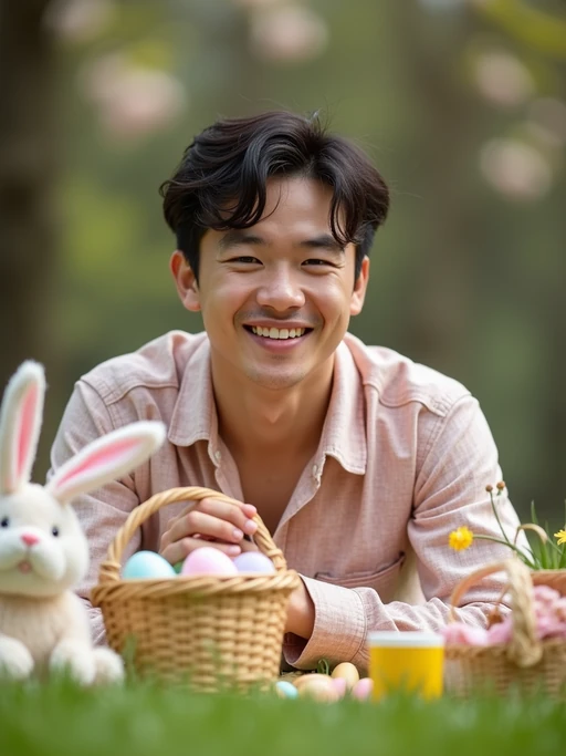 A model having a fun Easter picnic, with decorated eggs, baskets, and spring flowers in the background.