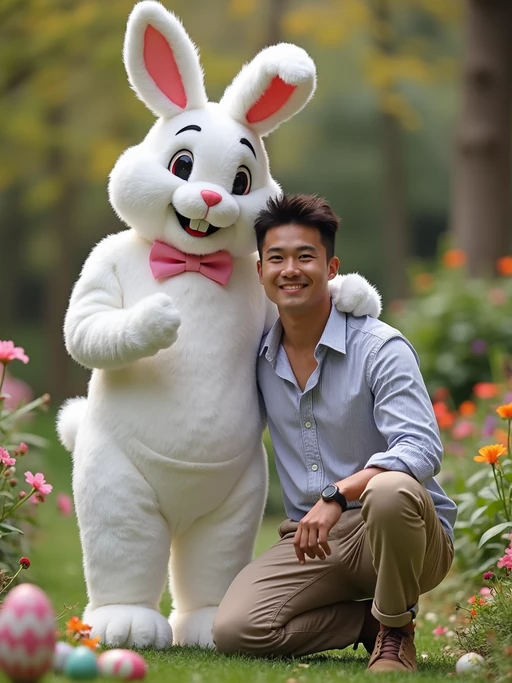 A model posing with an Easter bunny mascot in a garden full of flowers and decorated eggs.