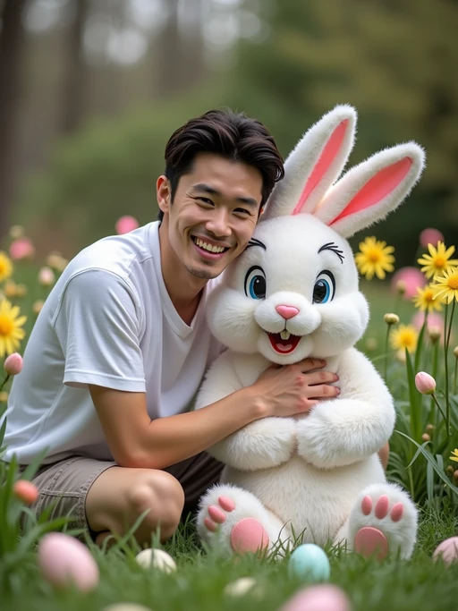 A model posing with an Easter bunny mascot in a garden full of flowers and decorated eggs.