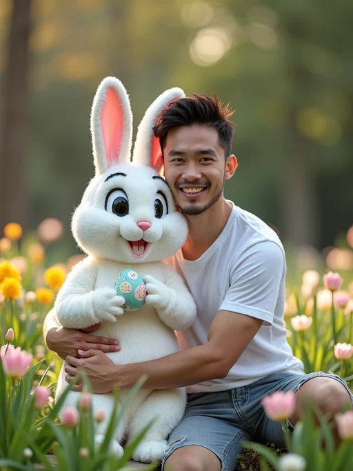 A model posing with an Easter bunny mascot in a garden full of flowers and decorated eggs.
