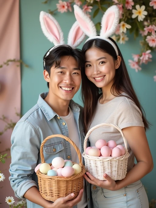 A model wearing bunny ears and posing together with their Easter baskets in front of a festive backdrop filled with spring flowers and pastel decorations.