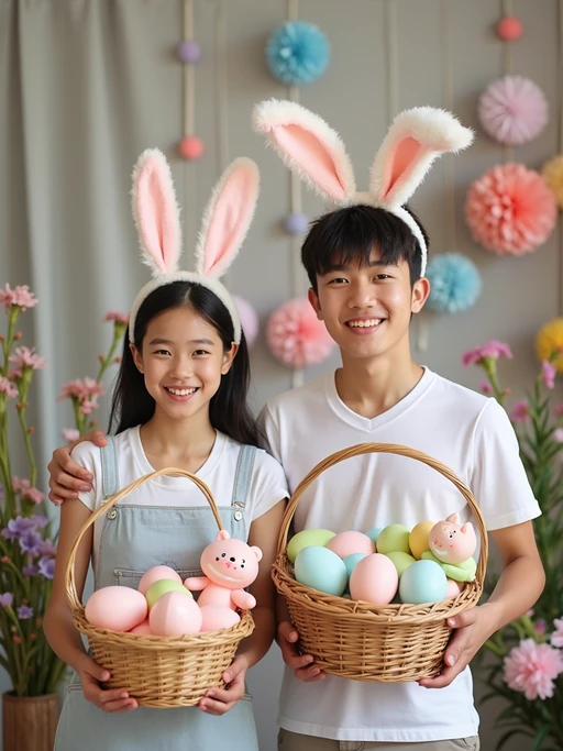 A model wearing bunny ears and posing together with their Easter baskets in front of a festive backdrop filled with spring flowers and pastel decorations.