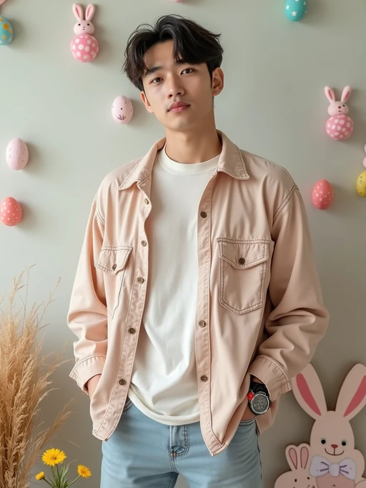 A model dressed in a casual spring outfit, surrounded by pastel Easter decorations like eggs, flowers, and bunnies.