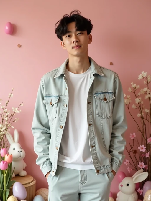 A model dressed in a casual spring outfit, surrounded by pastel Easter decorations like eggs, flowers, and bunnies.