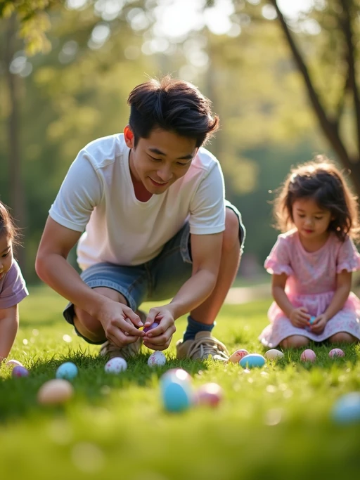 A model having an Easter egg hunt, with children searching for hidden eggs in a beautiful garden setting.
