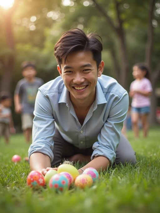 A model having an Easter egg hunt, with children searching for hidden eggs in a beautiful garden setting.