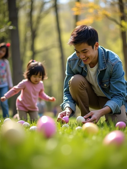 A model having an Easter egg hunt, with children searching for hidden eggs in a beautiful garden setting.