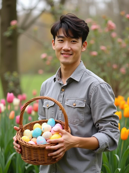 A model holding a basket filled with colorful Easter eggs, standing in a vibrant garden full of spring blooms.