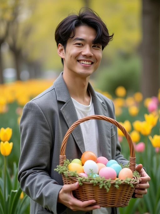 A model holding a basket filled with colorful Easter eggs, standing in a vibrant garden full of spring blooms.