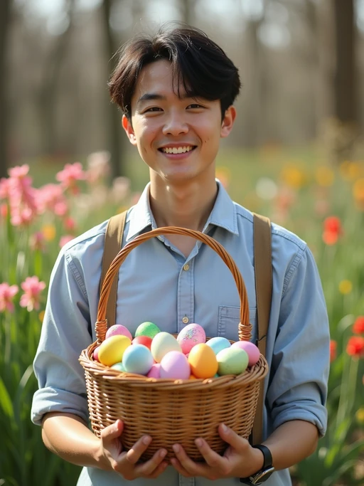 A model holding a basket filled with colorful Easter eggs, standing in a vibrant garden full of spring blooms.