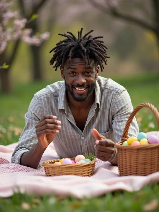 A model having a fun Easter picnic, with decorated eggs, baskets, and spring flowers in the background.
