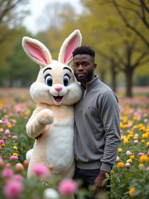 A model posing with an Easter bunny mascot in a garden full of flowers and decorated eggs.