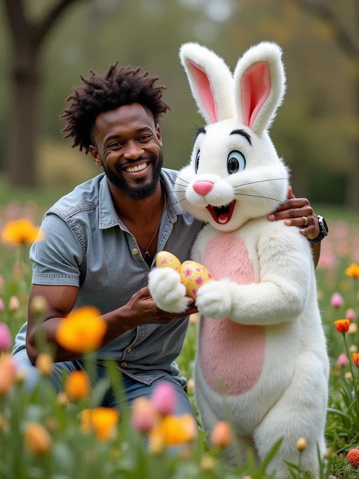 A model posing with an Easter bunny mascot in a garden full of flowers and decorated eggs.