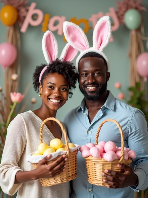 A model wearing bunny ears and posing together with their Easter baskets in front of a festive backdrop filled with spring flowers and pastel decorations.