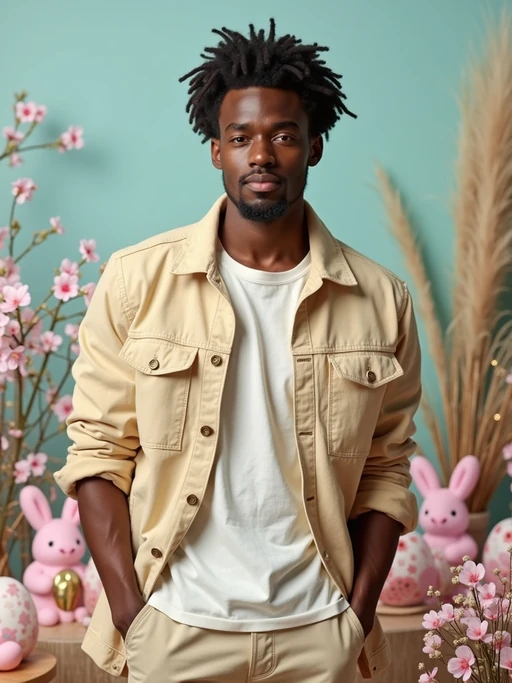 A model dressed in a casual spring outfit, surrounded by pastel Easter decorations like eggs, flowers, and bunnies.
