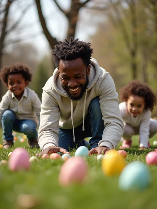 A model having an Easter egg hunt, with children searching for hidden eggs in a beautiful garden setting.