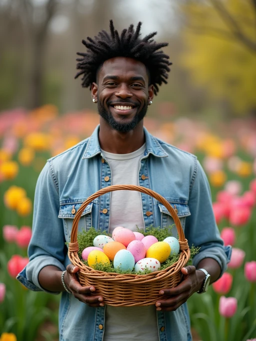 A model holding a basket filled with colorful Easter eggs, standing in a vibrant garden full of spring blooms.