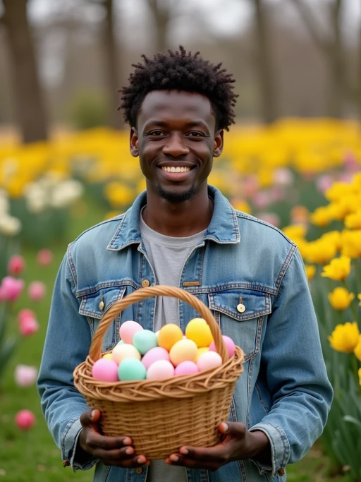 A model holding a basket filled with colorful Easter eggs, standing in a vibrant garden full of spring blooms.