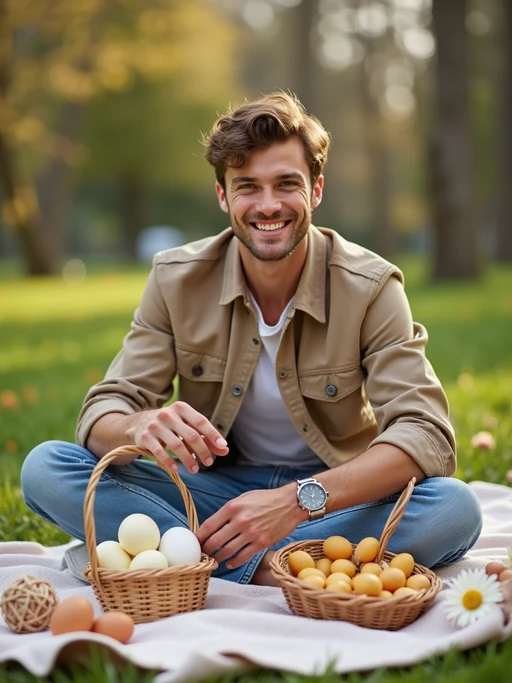A model having a fun Easter picnic, with decorated eggs, baskets, and spring flowers in the background.