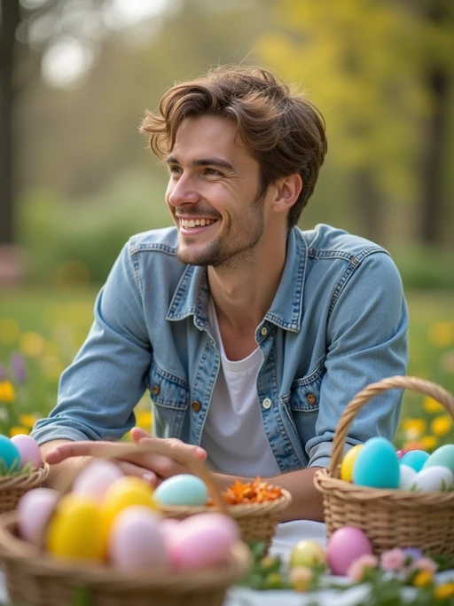 A model having a fun Easter picnic, with decorated eggs, baskets, and spring flowers in the background.