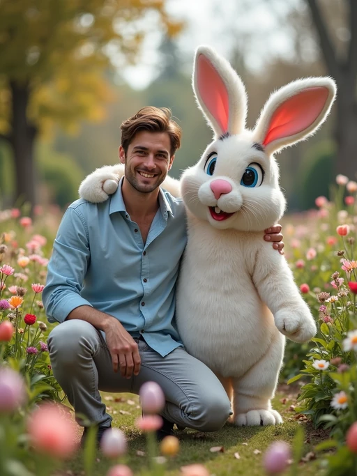 A model posing with an Easter bunny mascot in a garden full of flowers and decorated eggs.