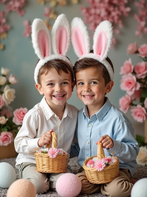 A model wearing bunny ears and posing together with their Easter baskets in front of a festive backdrop filled with spring flowers and pastel decorations.
