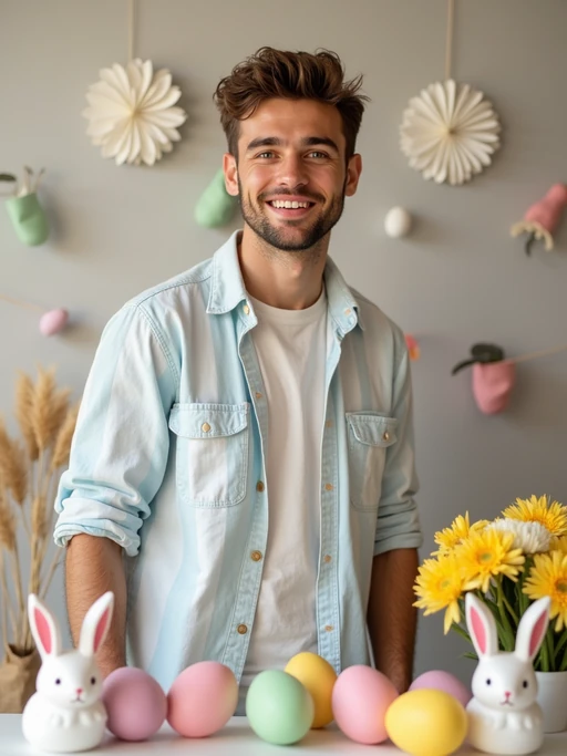 A model dressed in a casual spring outfit, surrounded by pastel Easter decorations like eggs, flowers, and bunnies.