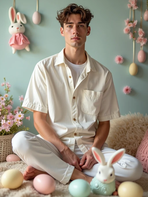 A model dressed in a casual spring outfit, surrounded by pastel Easter decorations like eggs, flowers, and bunnies.