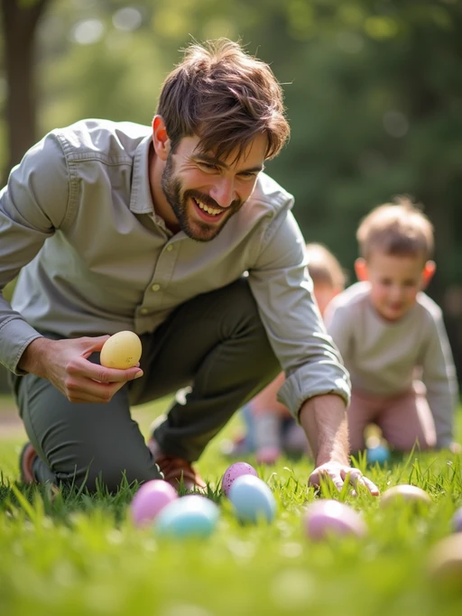 A model having an Easter egg hunt, with children searching for hidden eggs in a beautiful garden setting.
