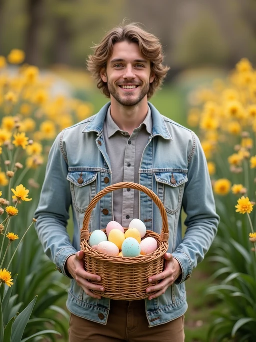 A model holding a basket filled with colorful Easter eggs, standing in a vibrant garden full of spring blooms.