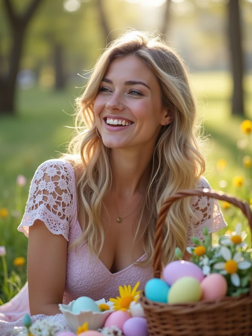 A model having a fun Easter picnic, with decorated eggs, baskets, and spring flowers in the background.