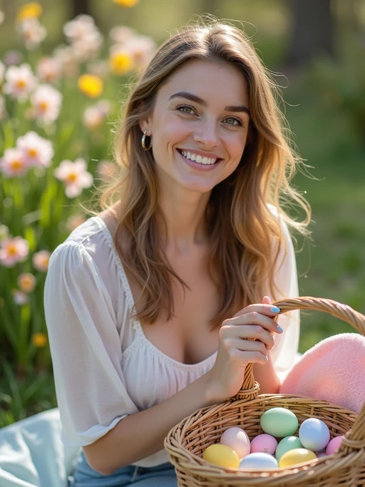 A model having a fun Easter picnic, with decorated eggs, baskets, and spring flowers in the background.