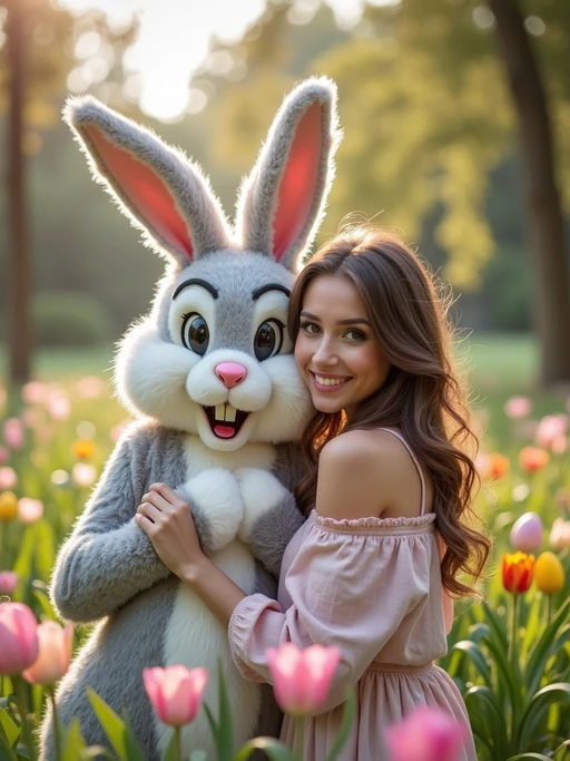 A model posing with an Easter bunny mascot in a garden full of flowers and decorated eggs.