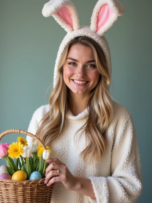 Model dressed in a cute bunny costume with pastel-colored ears, posing next to a basket of decorated Easter eggs and spring flowers.