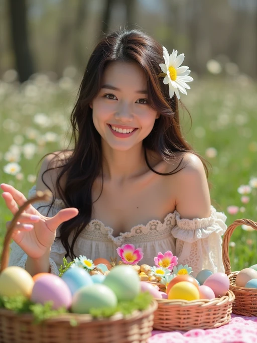 A model having a fun Easter picnic, with decorated eggs, baskets, and spring flowers in the background.