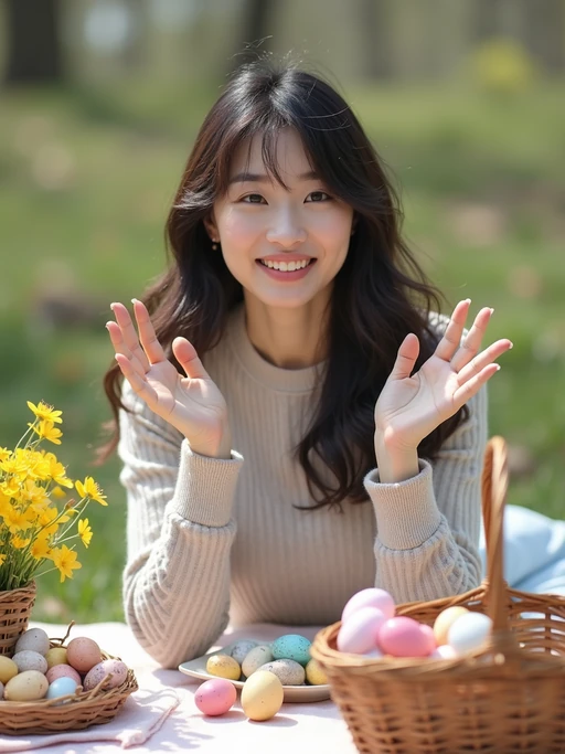 A model having a fun Easter picnic, with decorated eggs, baskets, and spring flowers in the background.