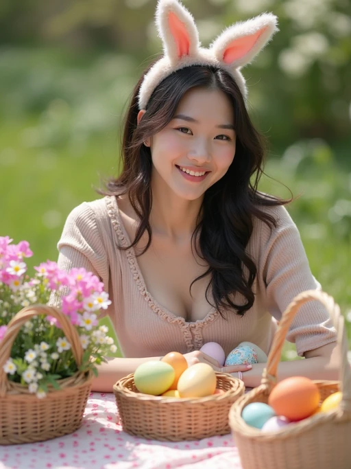 A model having a fun Easter picnic, with decorated eggs, baskets, and spring flowers in the background.