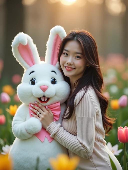 A model posing with an Easter bunny mascot in a garden full of flowers and decorated eggs.