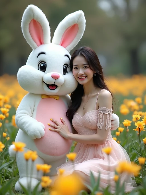 A model posing with an Easter bunny mascot in a garden full of flowers and decorated eggs.