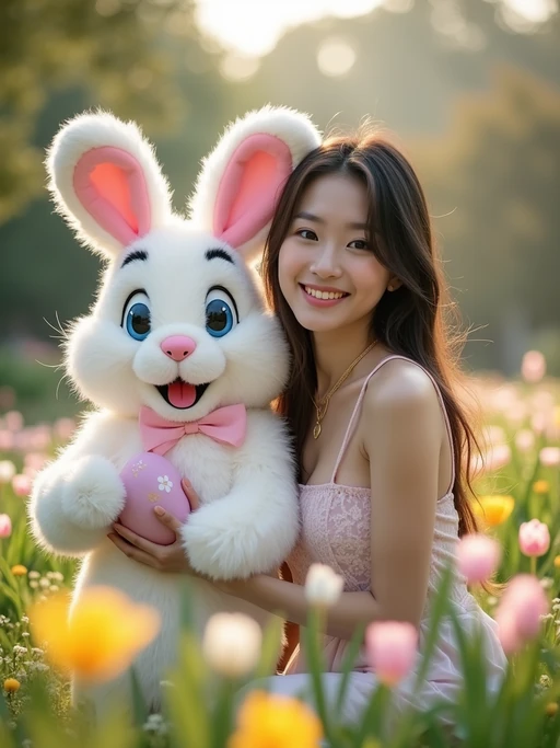 A model posing with an Easter bunny mascot in a garden full of flowers and decorated eggs.