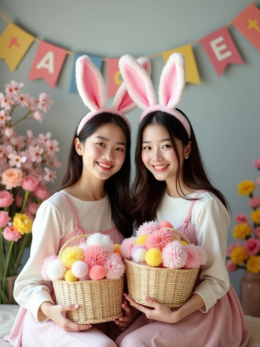 A model wearing bunny ears and posing together with their Easter baskets in front of a festive backdrop filled with spring flowers and pastel decorations.